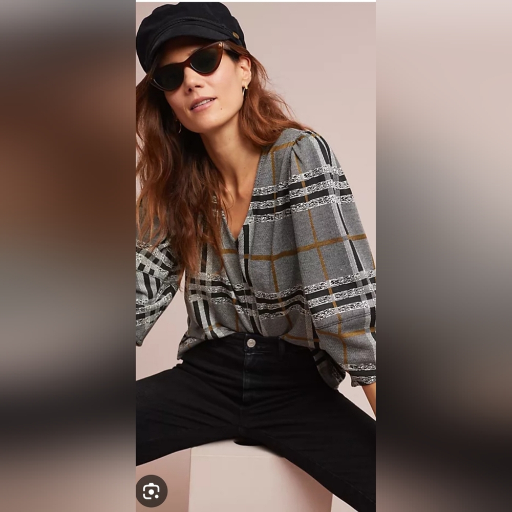 Current Air Gray Plaid V-Neck Blouse with Tan & Black Windowpane